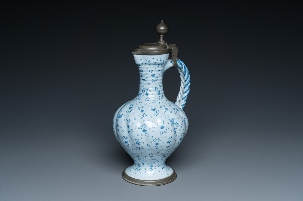 A German blue and white pewter-mounted twisted ewer, Frankfurt, 17th C.