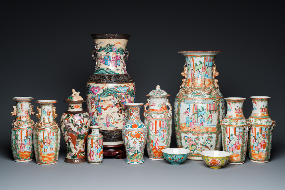 Eight Chinese Canton famille rose vases, two Nanking vases and two famille rose bowls, 19/20th C.