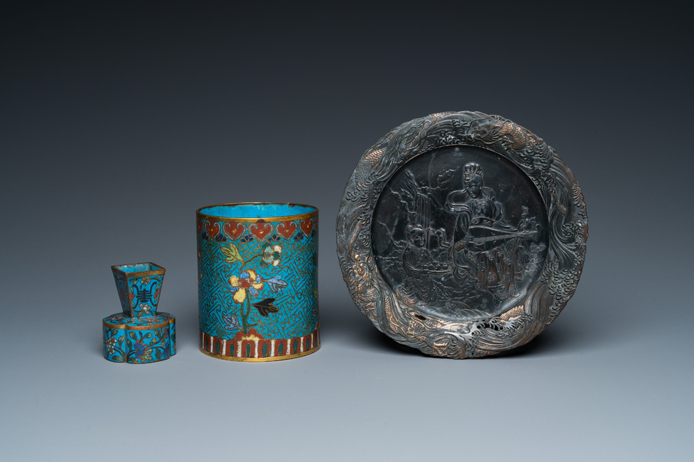 A Chinese cloisonn&eacute; brush pot, a small vase and a patinated copper dish, 19/20th C.