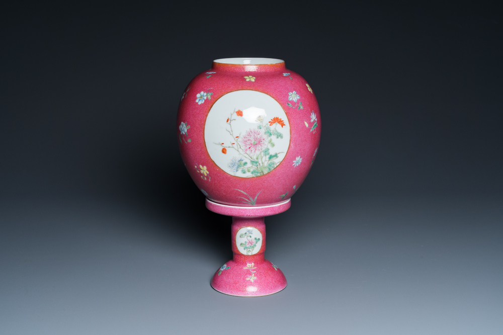 A Chinese famille rose pink sgraffito-ground lantern on stand, Republic