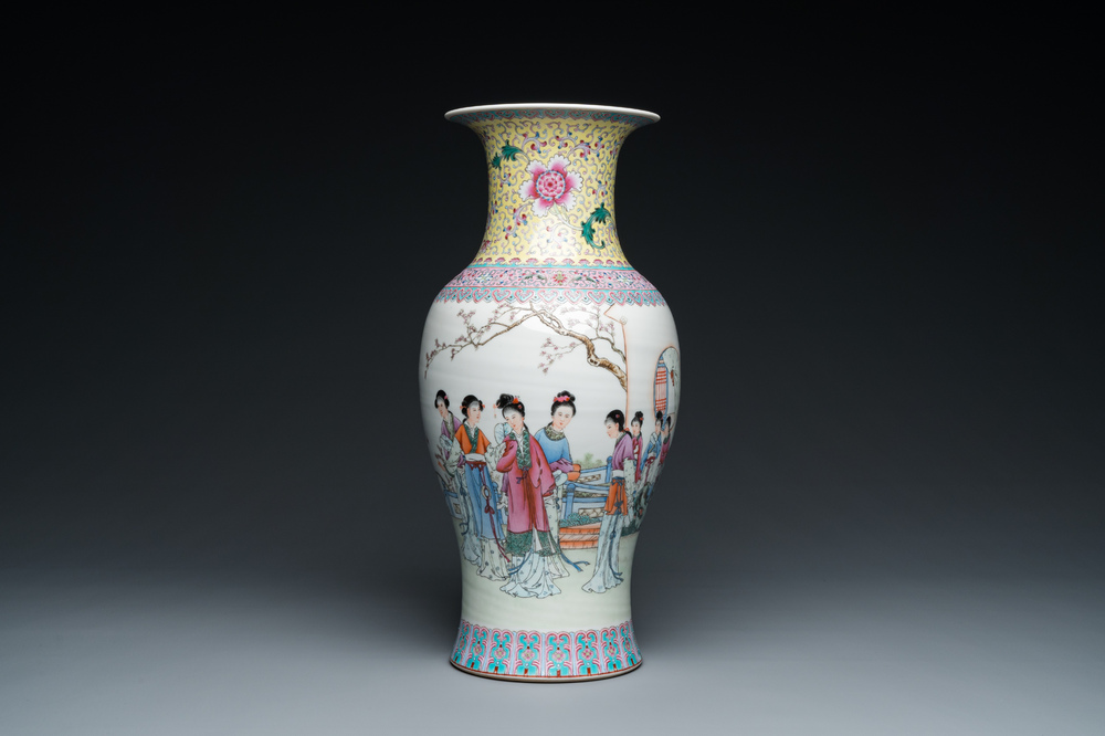 A Chinese famille rose 'ladies in the garden' vase, Qianlong mark, 20th C.