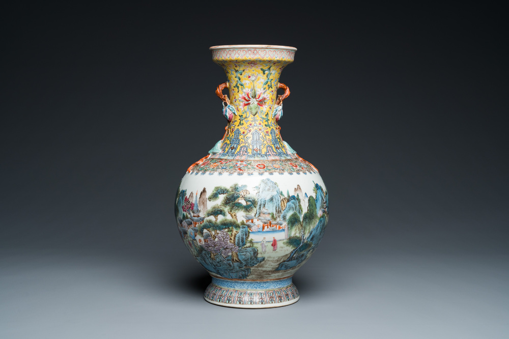 A Chinese famille rose 'mountainous landscape' vase, Qianlong mark, 20th C.