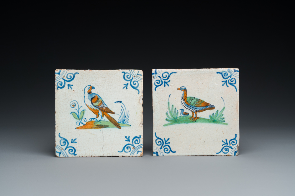 Two polychrome Dutch Delft tiles with an eagle and with two ducks, 17th C.