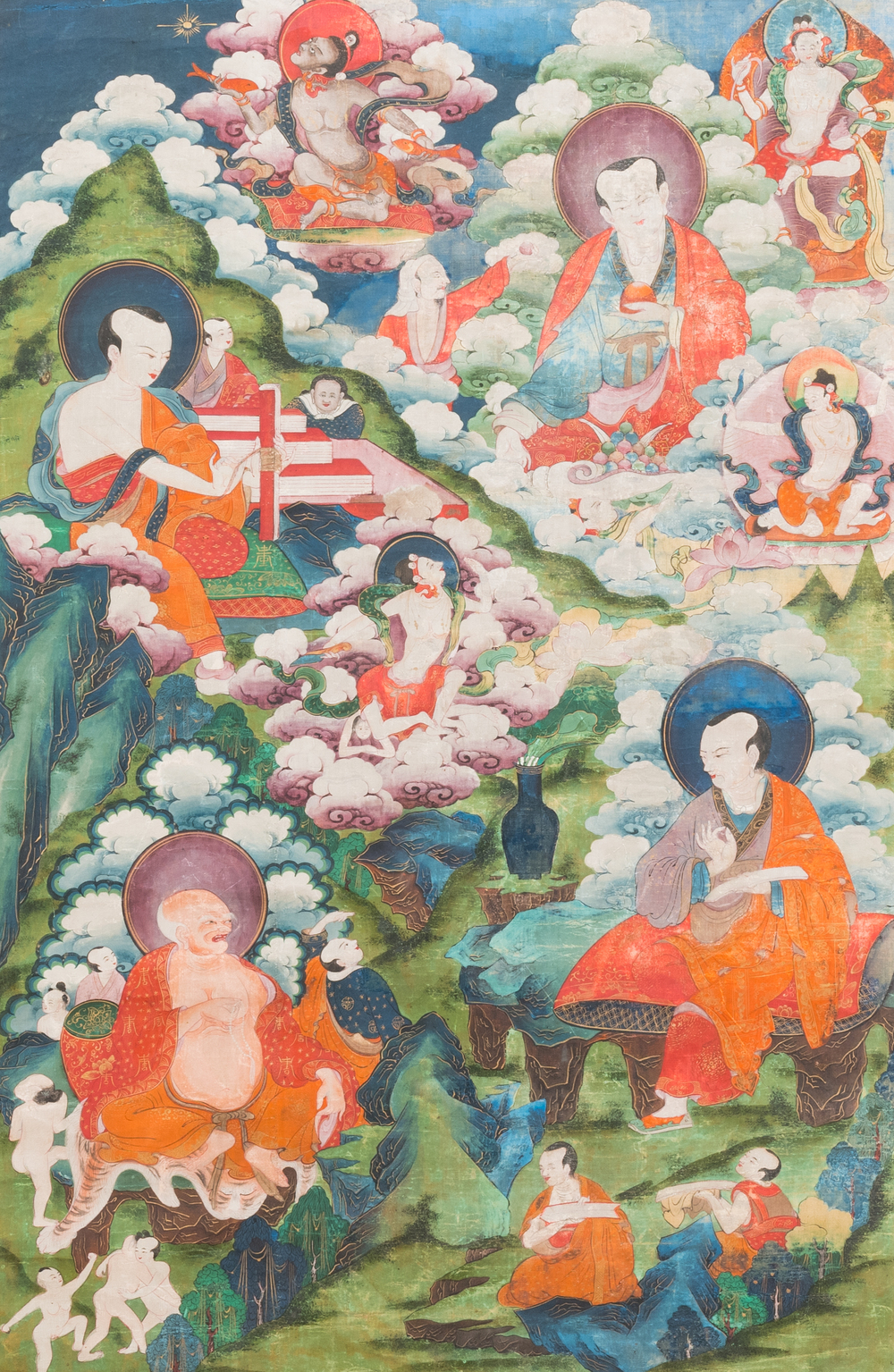 A thangka depicting Luohan surrounded by deities, Tibet, 17/18th C.