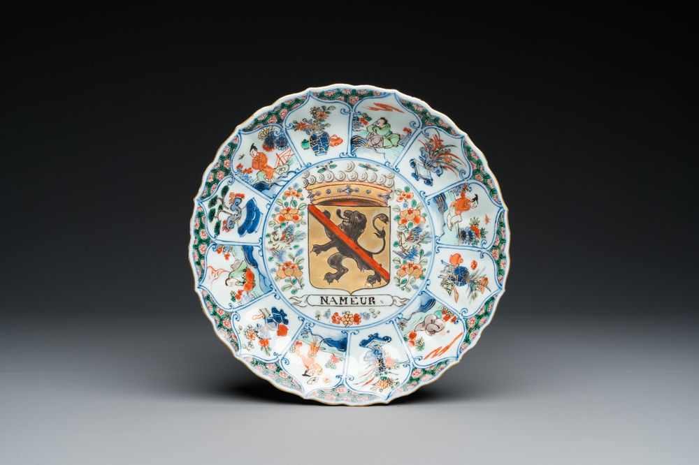 A Chinese famille verte armorial 'provinces' dish with the arms of Namur, Kangxi/Yongzheng