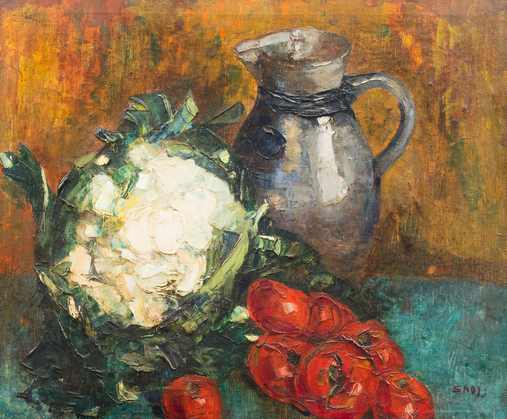 Sadji (Sha Qi, Sha Yinnian) (1914-2005): Nature morte d'un chou-fleur, de tomates et d'une aigui&egrave;re en gr&egrave;s, huile sur toile