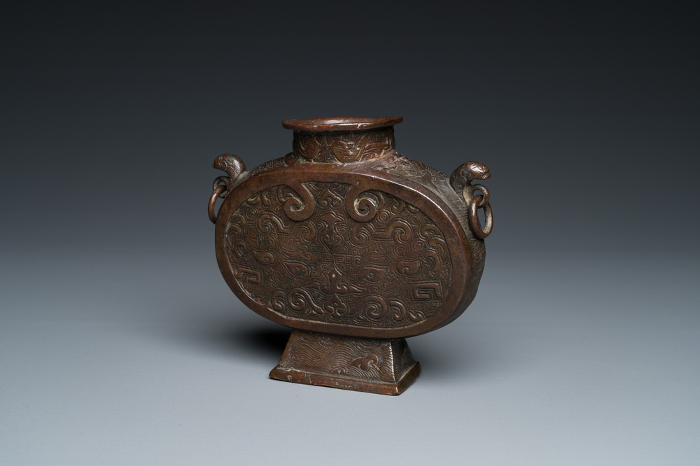 A Chinese archaistic bronze moonflask or 'bianhu', Song/Yuan