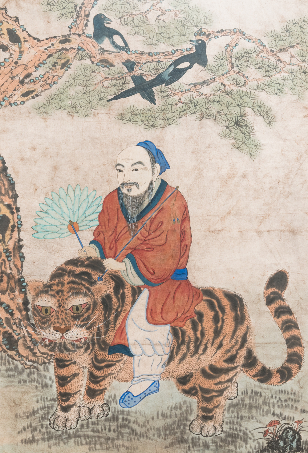 Korean school: 'Mountain spirit on a tiger', ink and colour on paper, Joseon, 19th C.