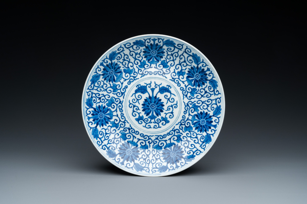 A Chinese blue and white 'lotus scroll' dish, Guangxu mark and of the period