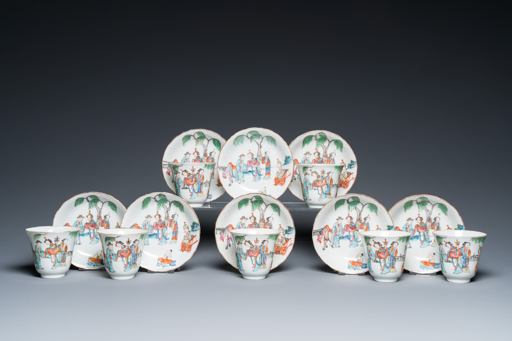 Sept tasses et huit soucoupes en porcelaine de Chine famille rose, marque et &eacute;poque de Tongzhi