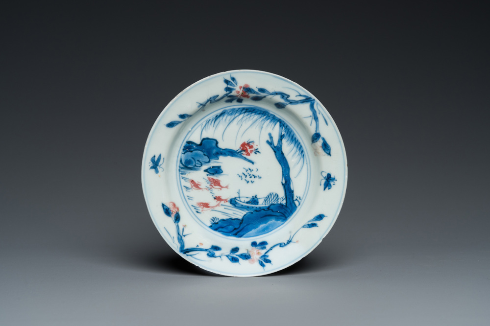 A Chinese blue, white and copper-red ko-sometsuke 'fisherman' dish for the Japanese market, Tianqi