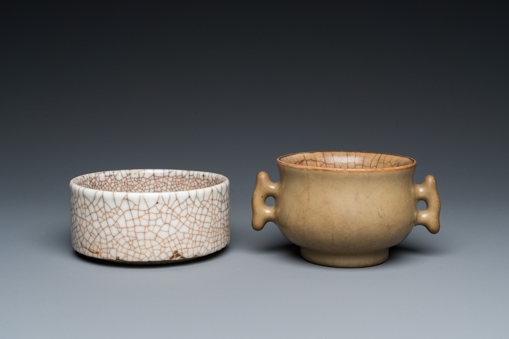 A Chinese celadon-glazed censer and a ge-type crackle-glazed bowl, Qing