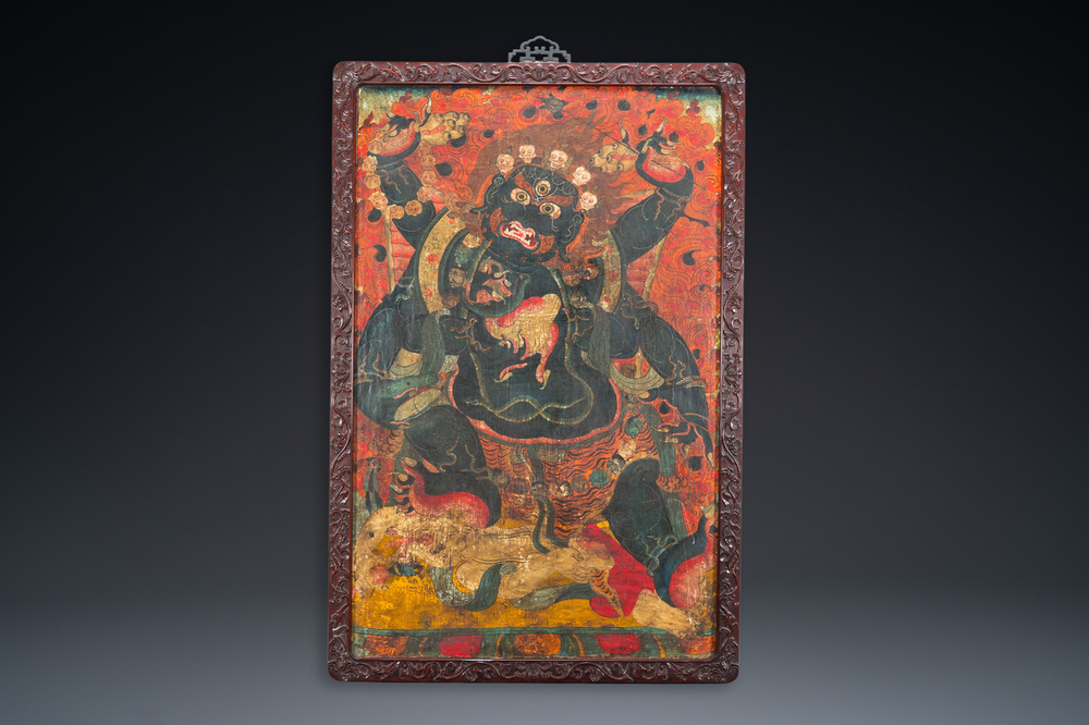 Een Sino-Tibetaanse thangka met Mahakala, wellicht 19e eeuw