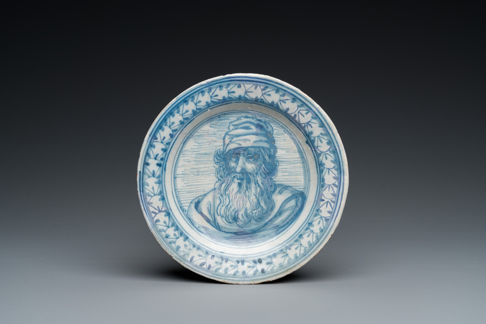 A small blue and white maiolica dish with a fine portrait of Zeus, Verstraeten workshop, Haarlem, 17th C.