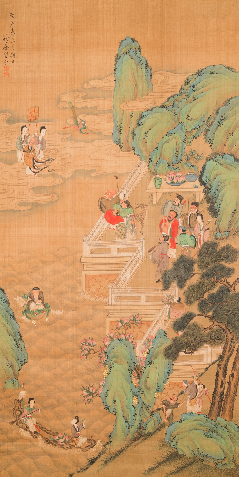 Chinese school, after Zhou Chen (1460-1535): River scene with immortals, ink and colour on silk, 18th C.