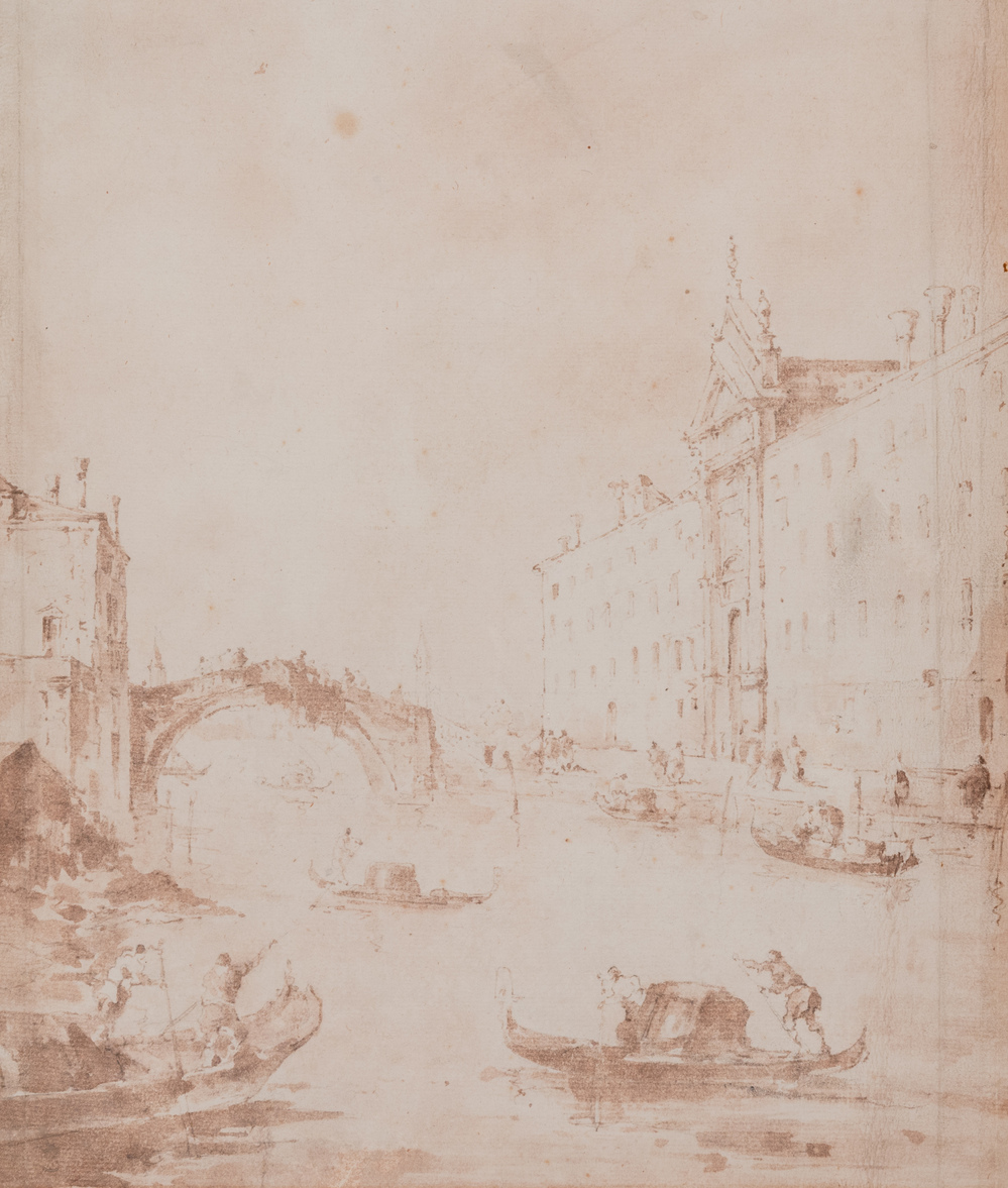 Francesco Guardi (1712-1792, toegeschr. aan): Gezicht op de Rio dei Mendicanti, Veneti&euml;, bruine inkt op papier, ca. 1780