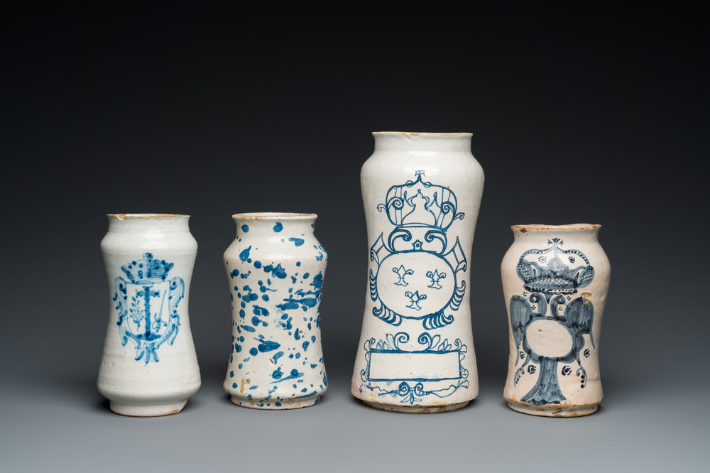 Four various blue and white albarelli or drug jars, Spain and Italy, 17/18th  C.