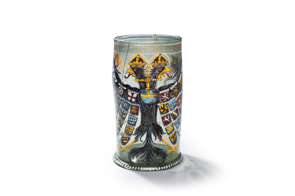 A German enamelled glass 'Reichsadler' humpen, probably Bohemia, dated 1636