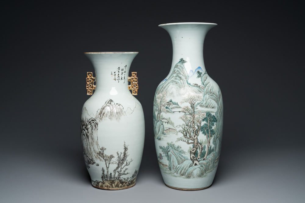 Deux vases en porcelaine de Chine qianjiang cai &agrave; d&eacute;cor de paysages montagneux, sign&eacute;s Hu Zhongzhen 胡仲贞, 19/20&egrave;me