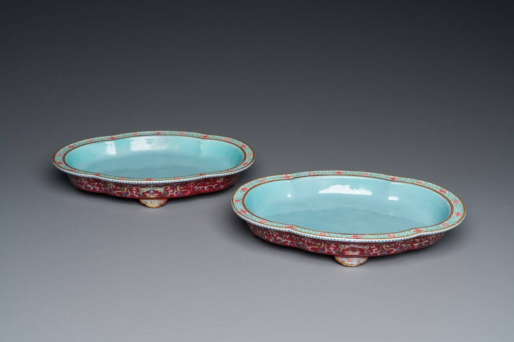 A pair of Chinese ruby-ground quatrefoil dishes, probably Jiaqing