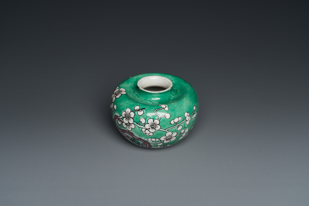 Een Chinese verte biscuit waterpot met prunusbloemen, 19e eeuw