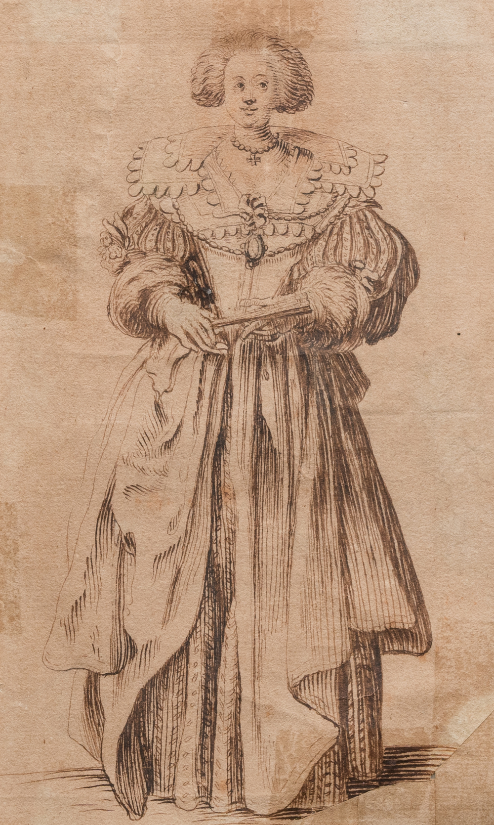 Jacques Callot (1592-1635): 'Noble lady holding a fan', study for an engraving from the series 'La Noblesse', ink on paper, ca. 1620