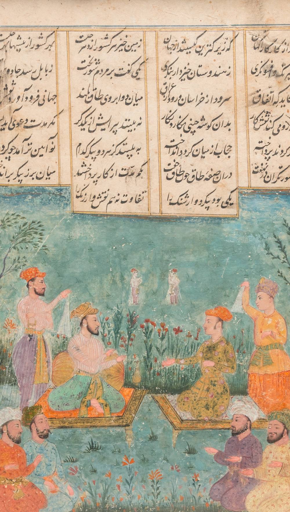 Persian school, miniature with calligraphy: 'Figures in a garden', 18th C.