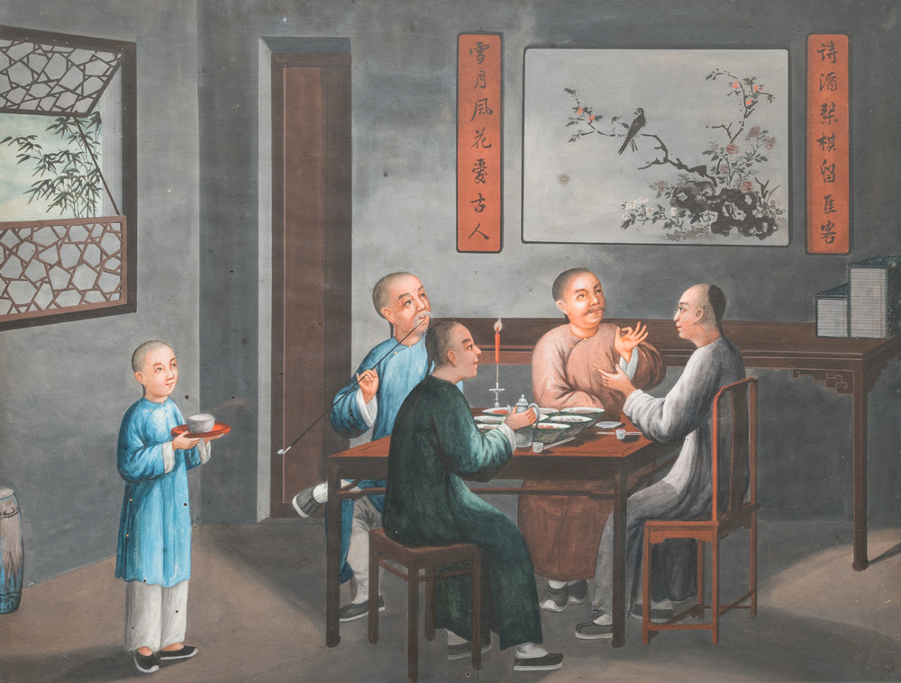 Canton school, China, 19th C.: 'Animated interior', gouache on paper