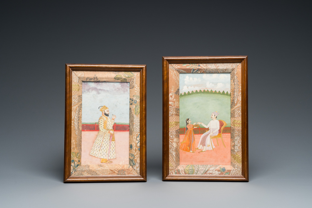 Two Indian school miniatures: 'Portrait of prince Murad Bakhsh' and 'Scene from a Ragamala', 18/19th C.