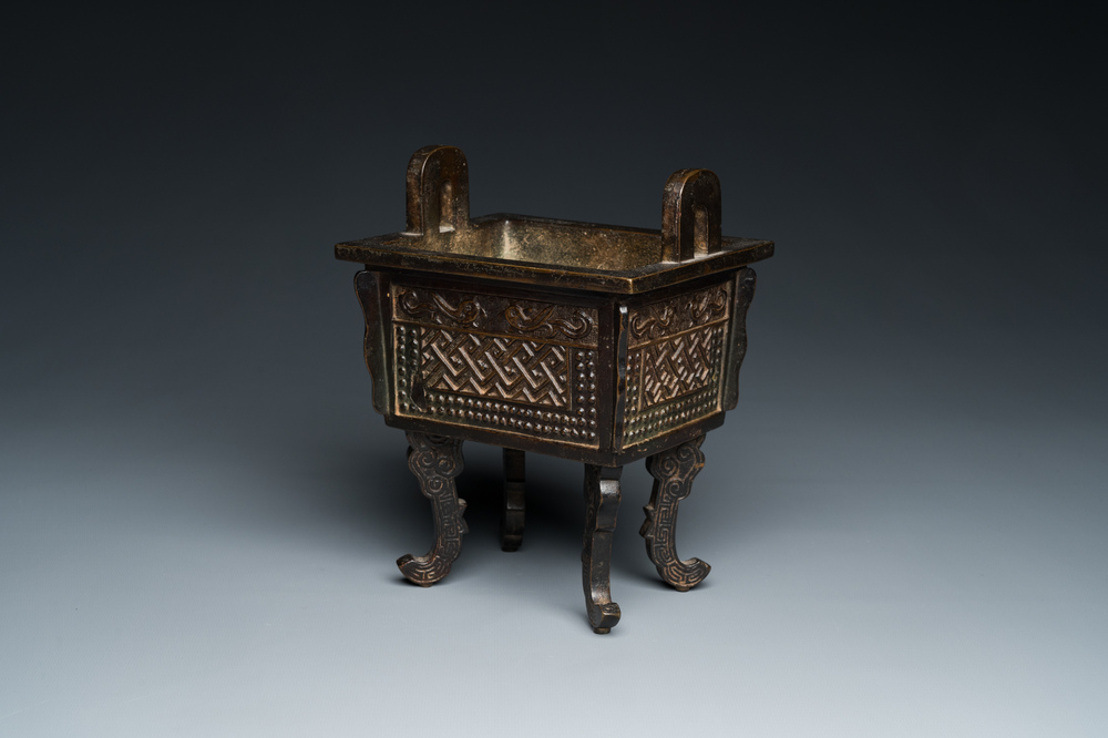 A Chinese bronze censer, 'Fang Ding', Ming