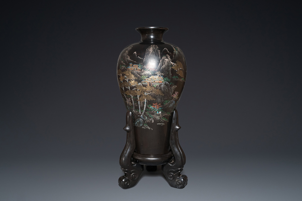 A very large Chinese Fuzhou or Foochow lacquer vase on stand, ca. 1950