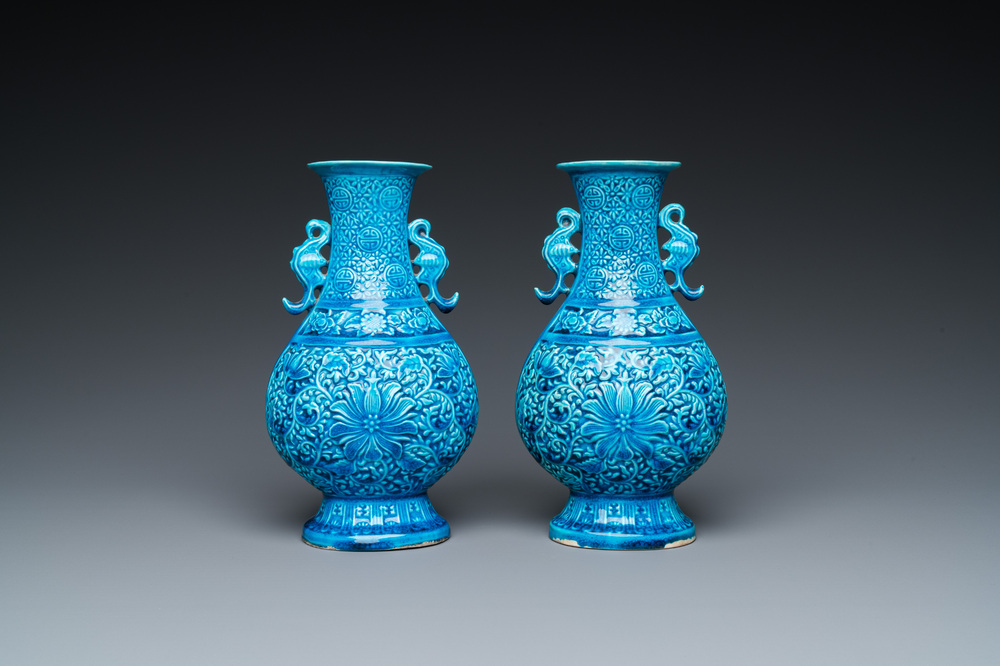 A pair of Chinese turquoise-glazed 'lotus' vases, Republic