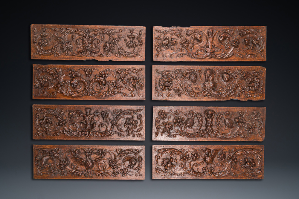 Eight finely carved wooden panels with grotesques, Southern Netherlands, 17th C.