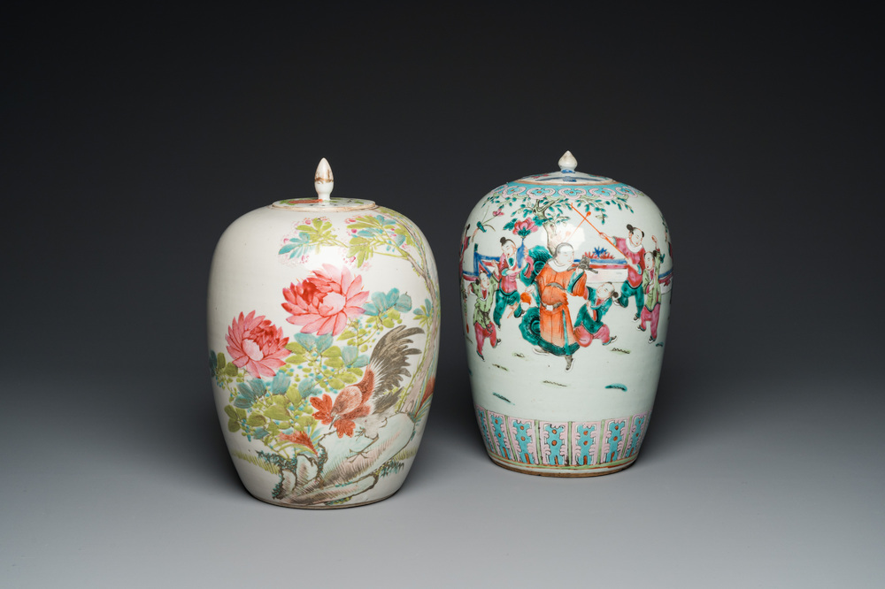 Two Chinese famille rose and qianjiang cai covered jars, 19th C.