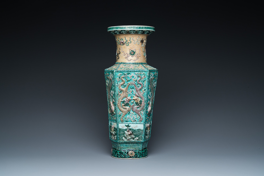 A Chinese hexagonal verte biscuit vase with applied dragon design, 19/20th C.