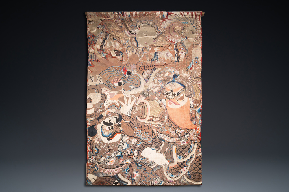 A large Chinese silk and metallic thread embroidered wall tapestry with an opera scene, 19th C.