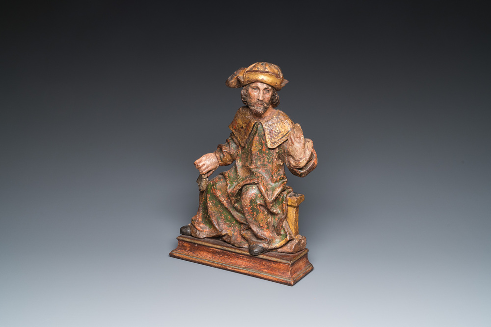 A large polychromed wood sculpture of a prophet, Flanders, 15/16th C.