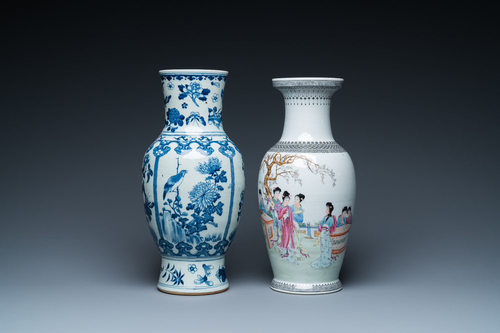 A Chinese blue and white vase and a famille rose vase, 19th and 20th C.