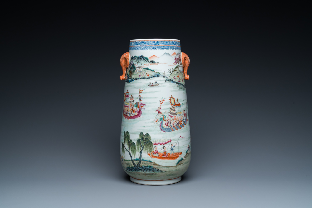 A Chinese famile rose 'hu' vase with a fine river landscape, Qianlong mark, Republic