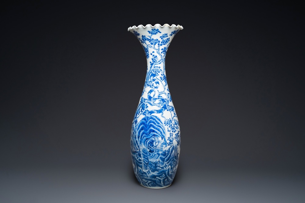 An exceptionally large Japanese blue and white Arita 'tigers' vase, Meiji, 19th C.