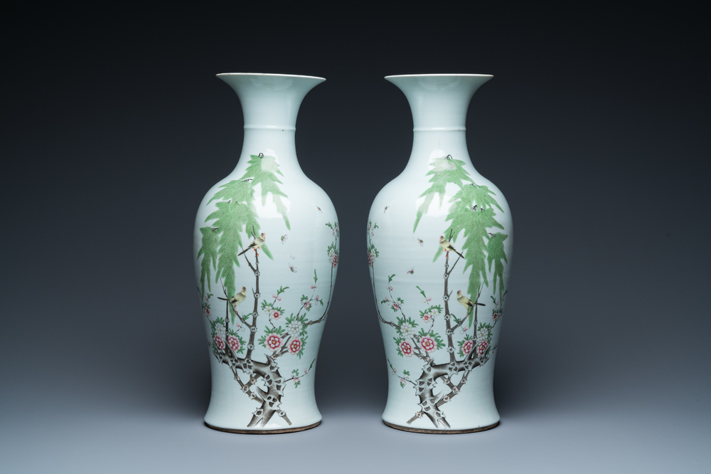 A pair of Chinese qianjiang cai 'magpie and willow' vases, Republic