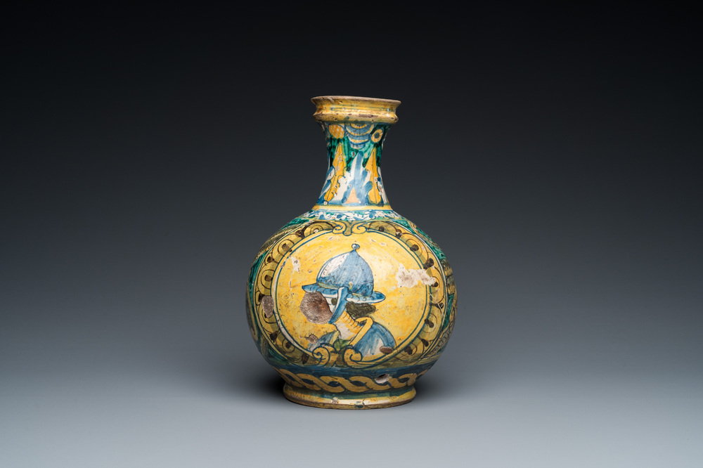 A polychrome Italian maiolica pharmacy bottle, 17th C.