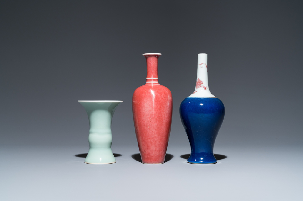 Three Chinese blue-, celadon- and copper-red-glazed vases, Kangxi marks, 19/20th C.