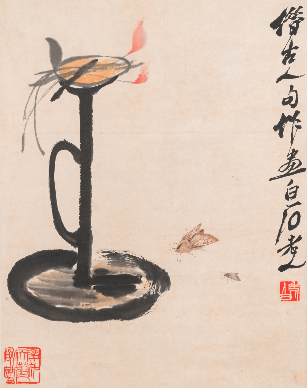 Navolger van Qi Baishi 齊白石 (1864-1957): 'Een olielamp met twee motten', inkt en kleur op papier