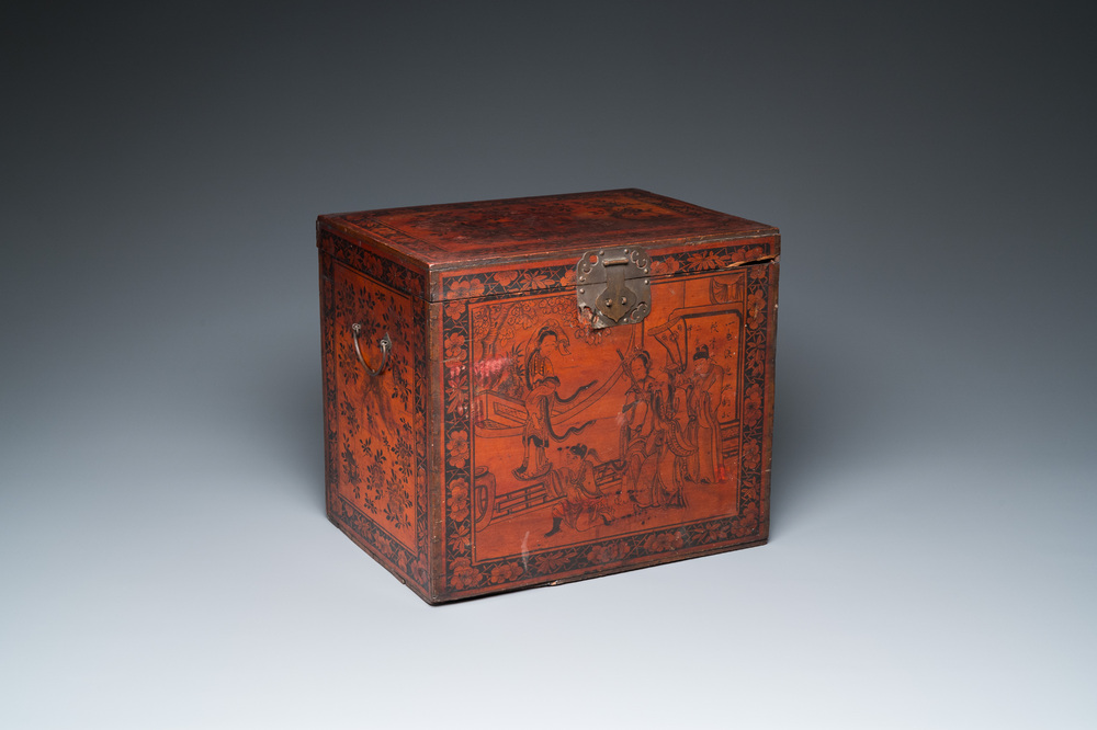 A Chinese wooden chest with a Tingqua store label, Canton, 19th C.