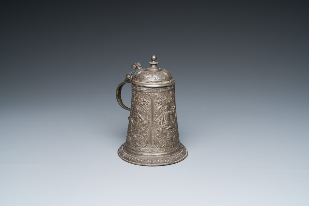 A pewter 'Three continents' mug and cover, monogram CE for Caspar Enderlein (1560&ndash;1633), Nuremberg, 16/17th C.