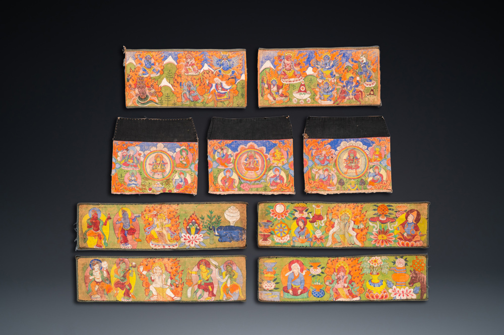 Neuf peintures votives sur coton, Tibet, 19&egrave;me