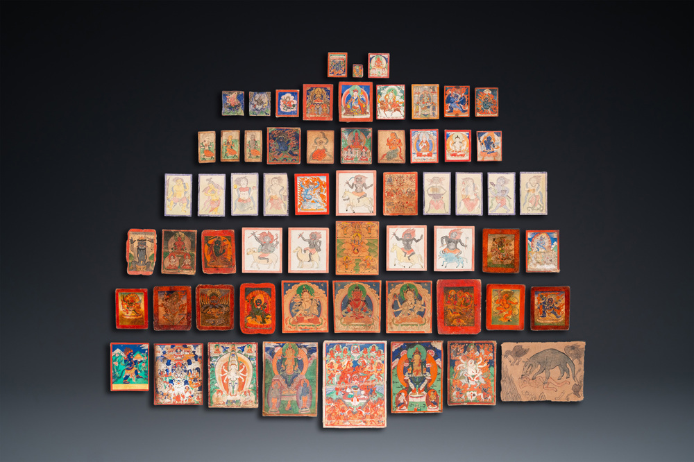 An extensive collection of 61 tsaklis on cotton and paper, Tibet and/or Mongolia, 18/20th C.