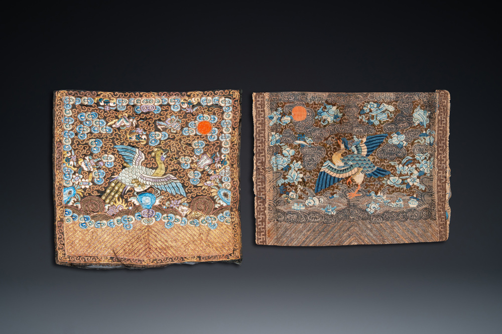 Two Chinese embroidered silk rank badges with cranes, 19th C.