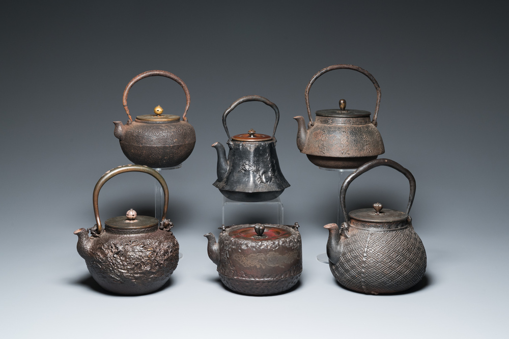 Six Japanese cast iron 'tetsubin' kettles, Meiji, 19/20th C.